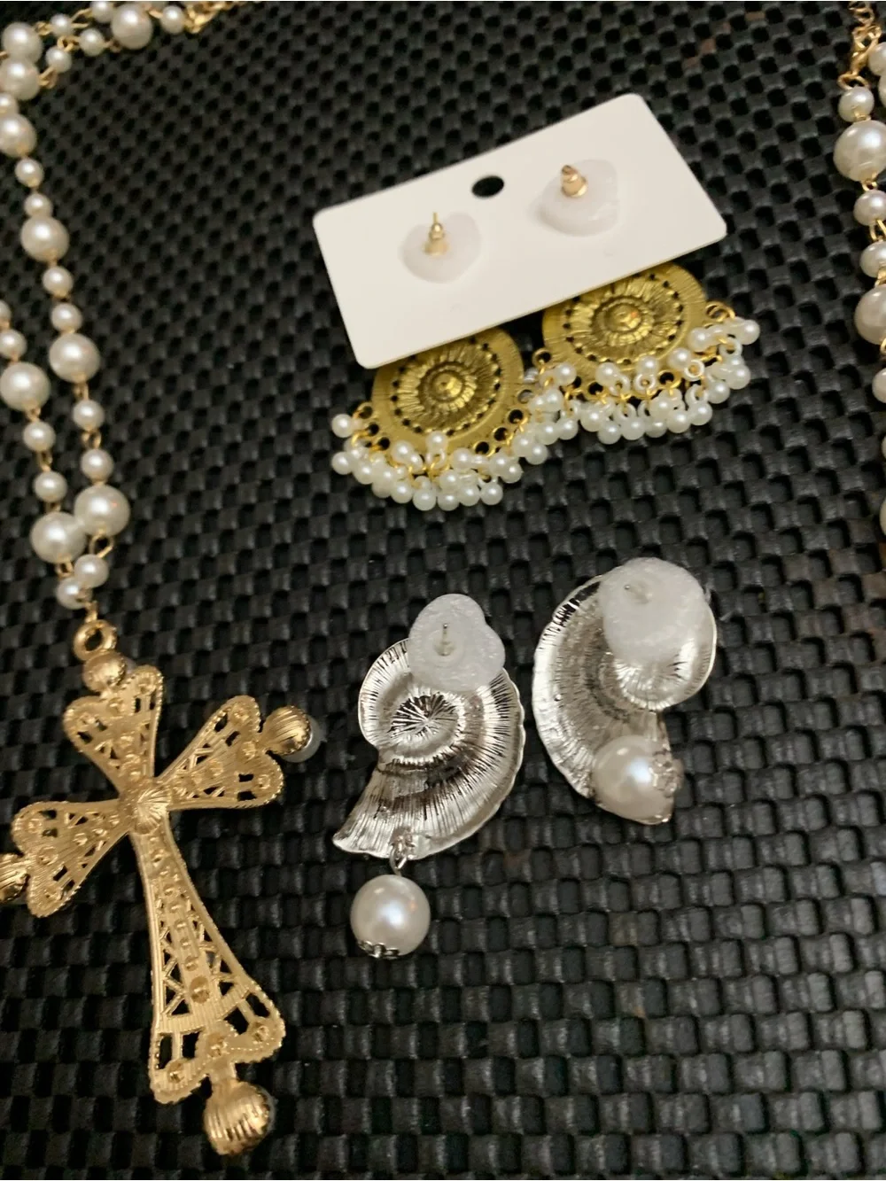 Gold Pearl Cross Necklace, Matching Necklace Drop Earrings & Silver 🐚 Earrings